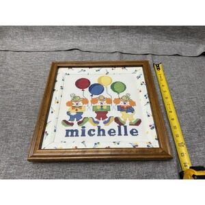 Vintage "Michelle" Monogrammed Crosstitch Clown 1990s Framed Balloon Picture